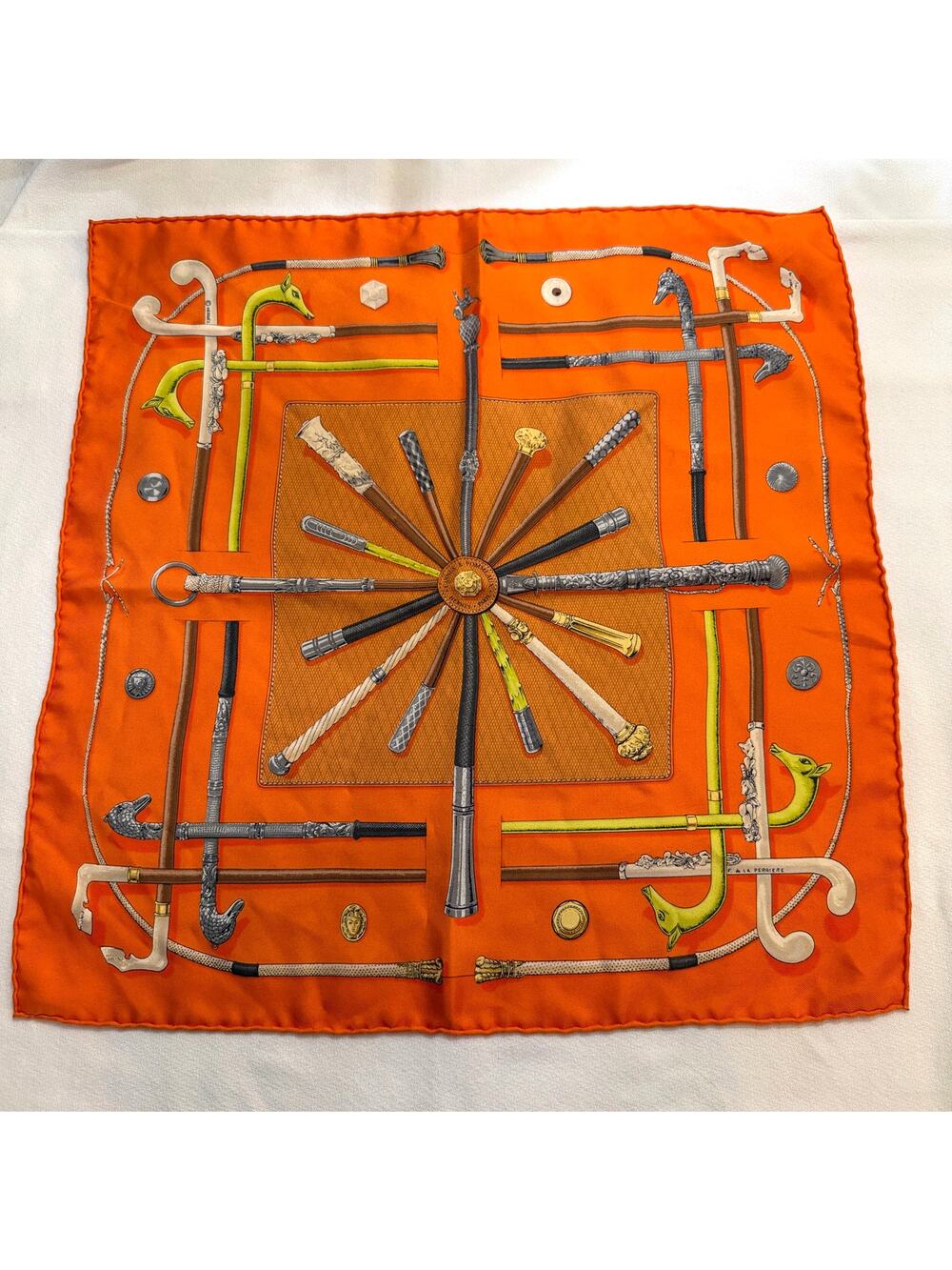 Pristine Hermes Paris gavroche "Cannes & Pommeaux" 100% Silk Pocket Square